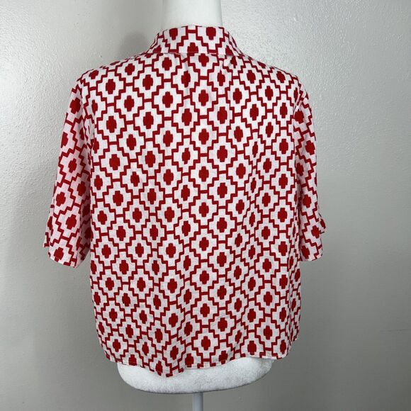 Shade & Shore Button Down Shirt Women Large Red White Graphic Short Sleeve Top - Picture 4 of 13
